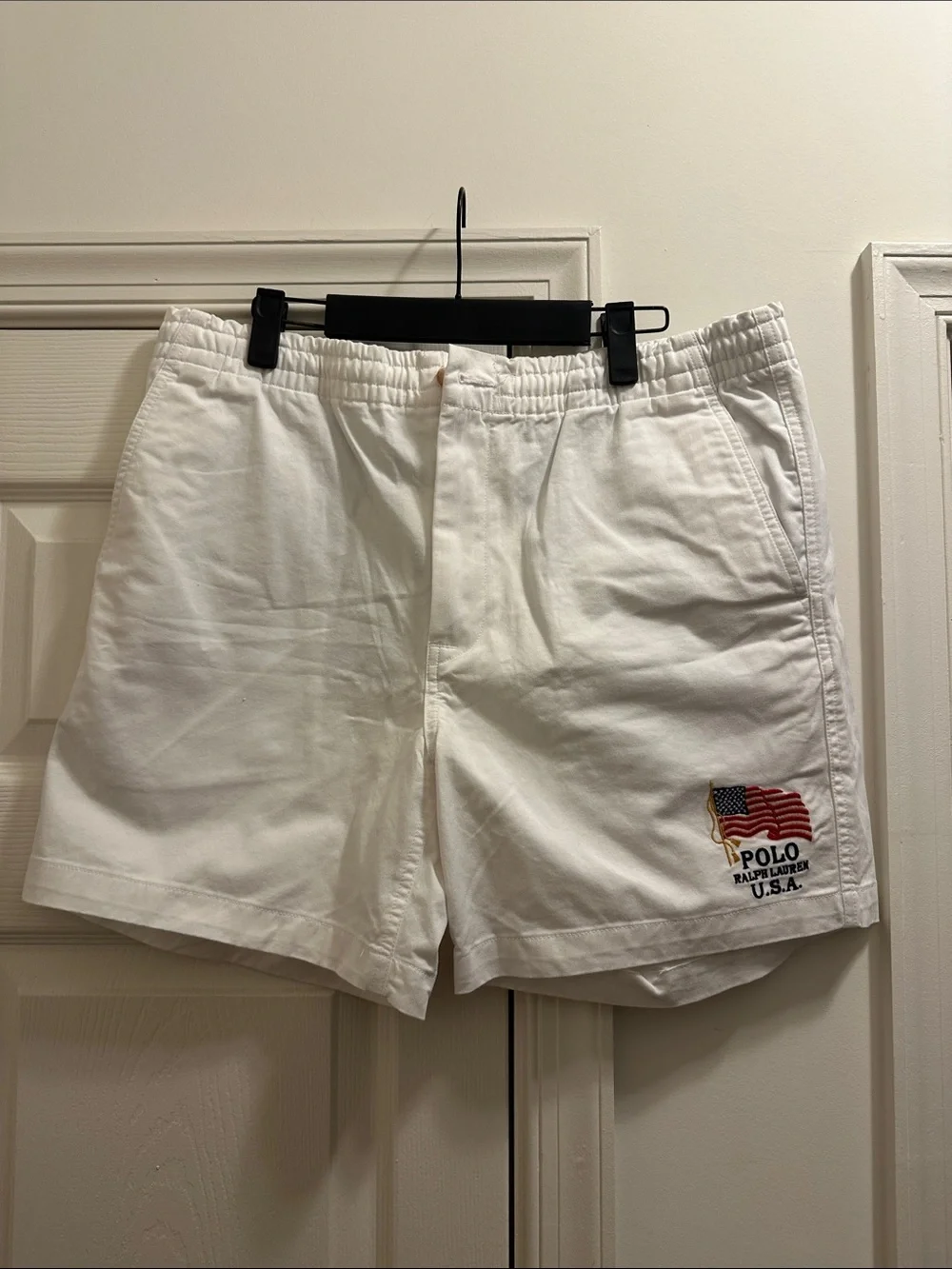 Polo by Ralph Lauren White Cotton USA Flag Embroidered Athletic Shorts